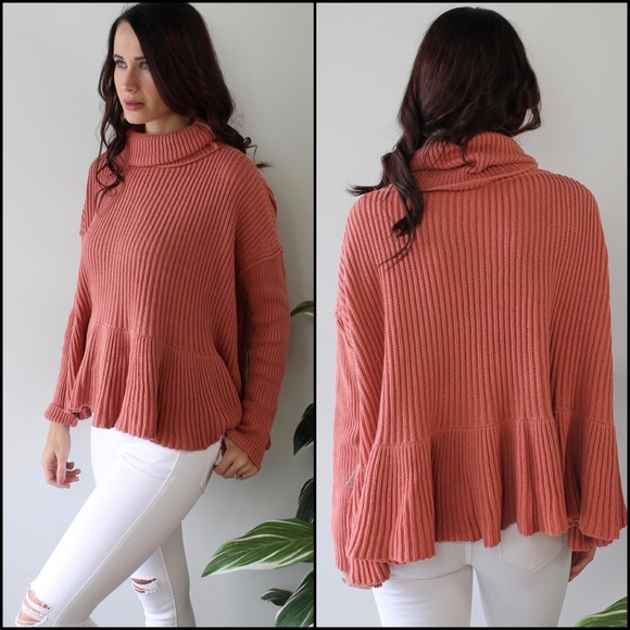 Free People Dusty Pink Ribbed Knit Ruffle Peplum Cowl Neck Turtleneck Sweater - Picture 3 of 8